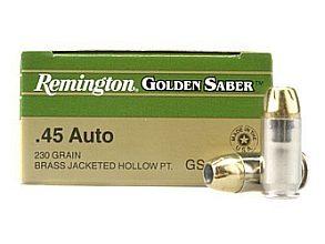 .45 ACP, 230 Grain, Remington Golden Saber Brass Jacketed Hollow Point, 25rds